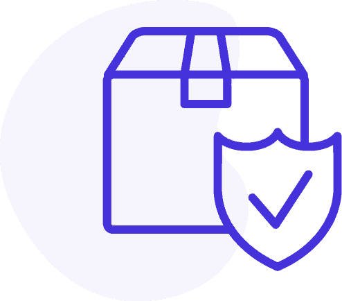 icon for cargo insurance with shipping box and shield outlined in blue