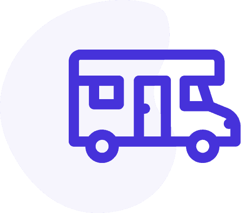 icon for recreational vehicle insurance with blue outlined RV vehicle logo