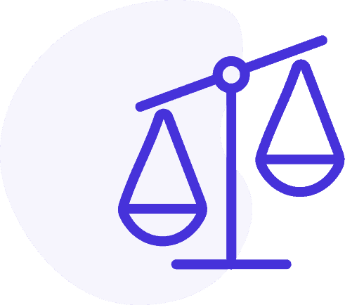 icon for workers compensation insurance with scales of justice outlined in blue